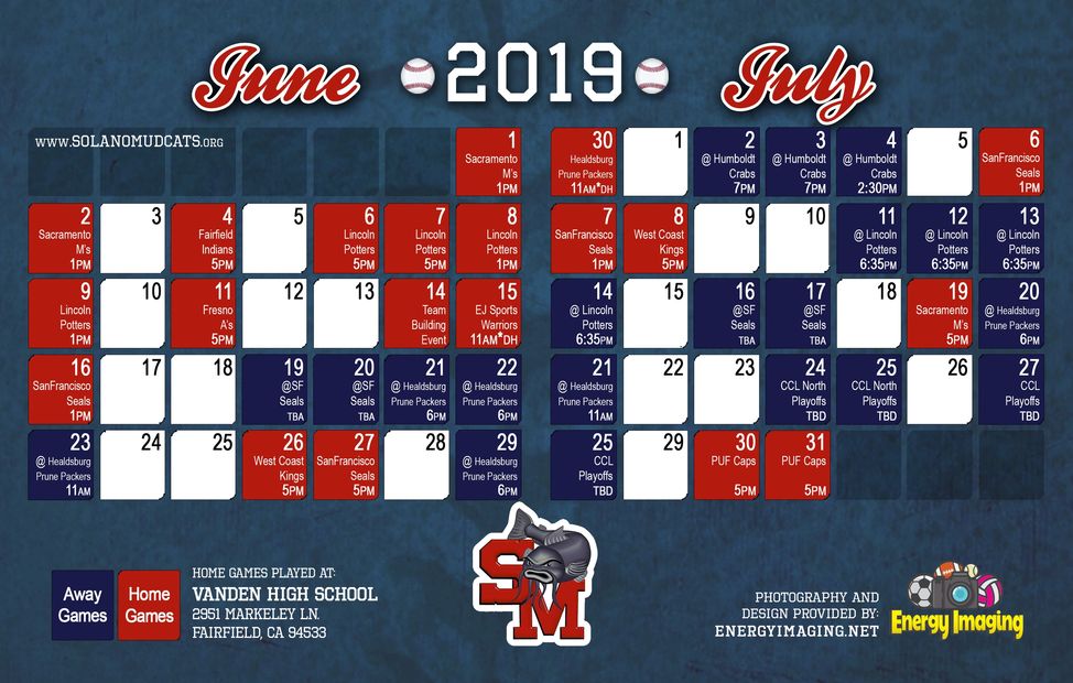 2019 Schedule Solano Mudcats Baseball
